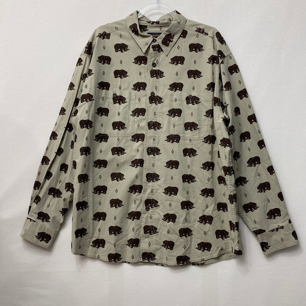 Woolrich Mens XL Bear Print Button Down Shirt Khaki Cabin Outdoor Long Sleeve